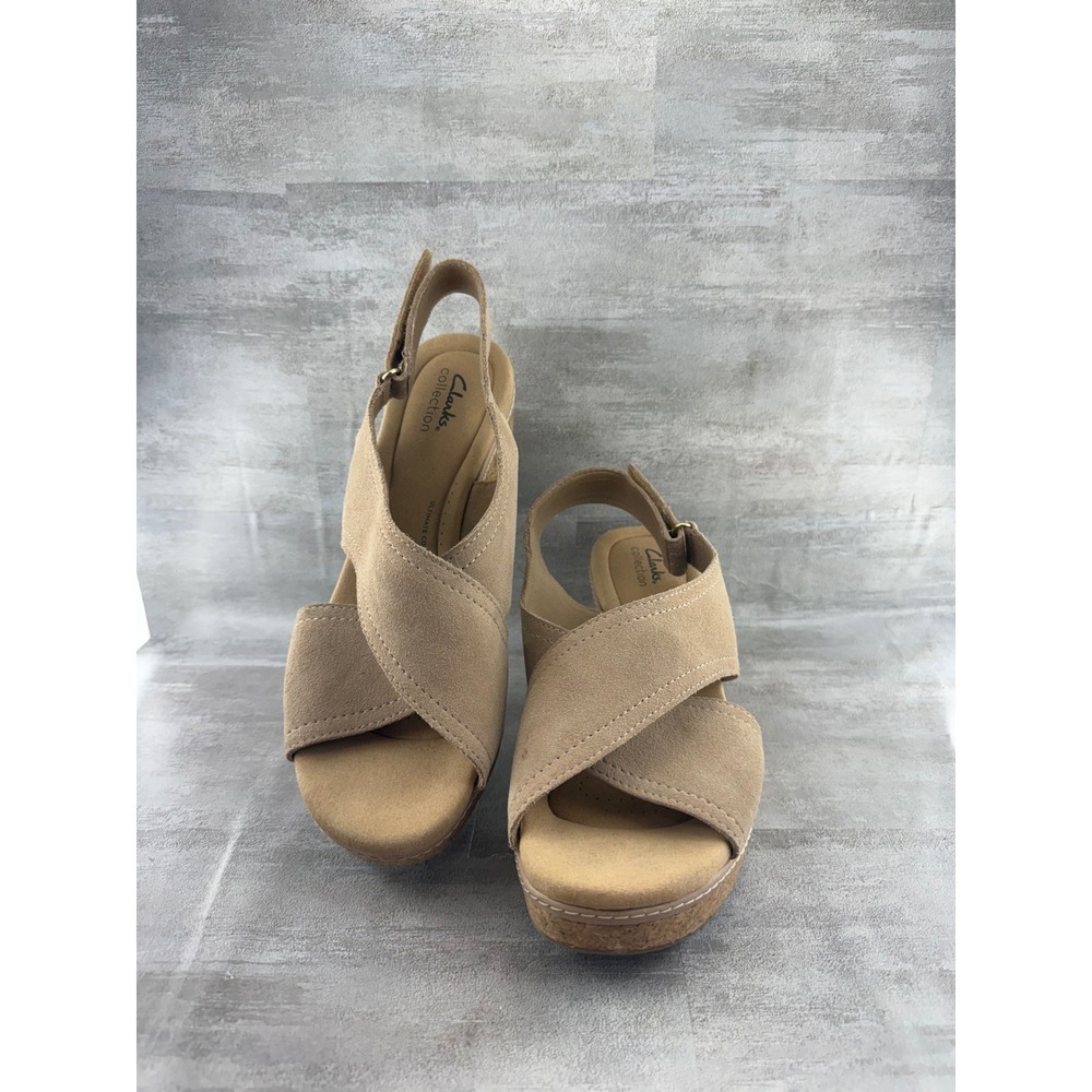 Clarks Collection Tan Faux Suede Cork Wedge Slingback Sandals Women Sz 11W
